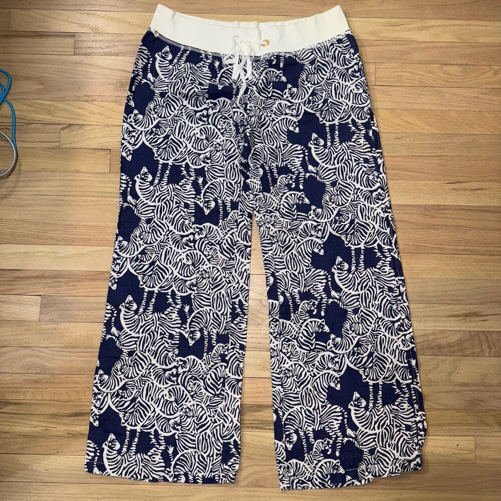 Lilly Pulitzer The Beach Pant Women XL Linen Zebra Print Blue White Wide Leg - Picture 7 of 8